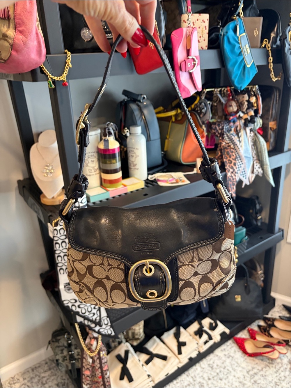 Y2K 2007 Coach Brown Signature Canvas Shoulder Bag with Black Leather Trim